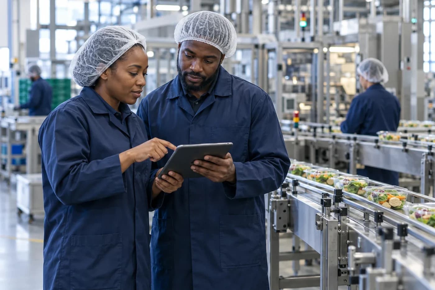 Quality assurance colleagues reviewing product information on a tablet at a manufacturing facility