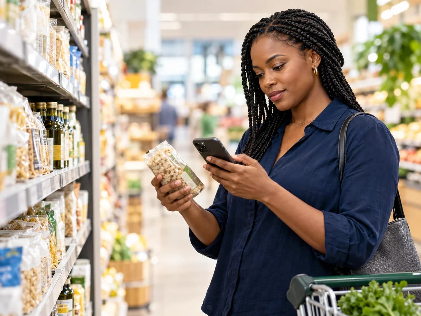 A shopper looking at a packaged product while using her phone in a supermarket